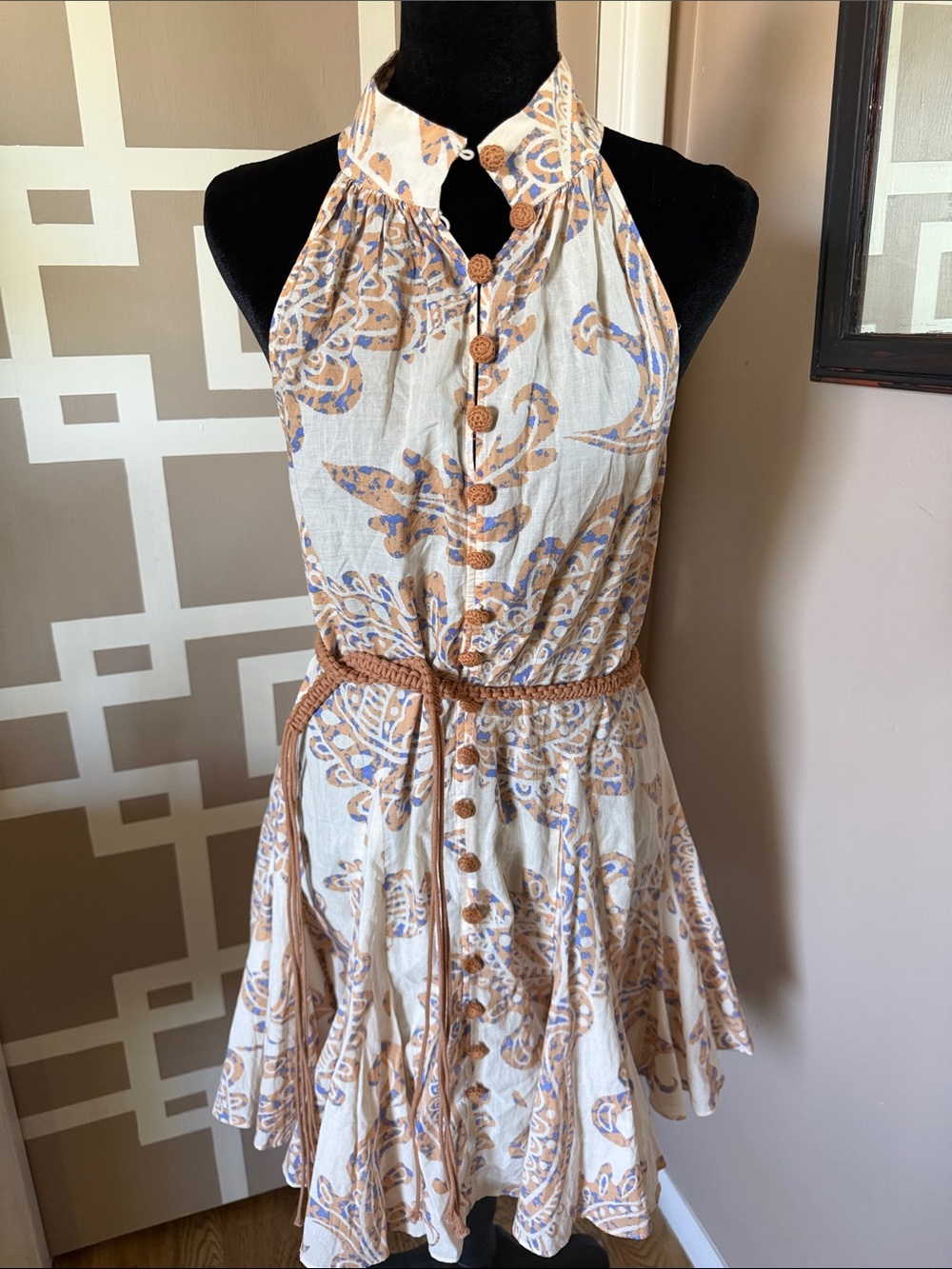 NWT Zara Cream Paisley Halter Dress w/Braided Rope Belt Festival Boho Style